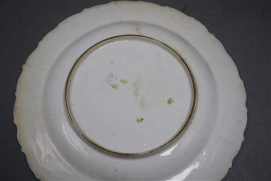 A Chelsea gold anchor bird and insect plate and a similar pair of floral plates, c. 1765, 22 and 23cm